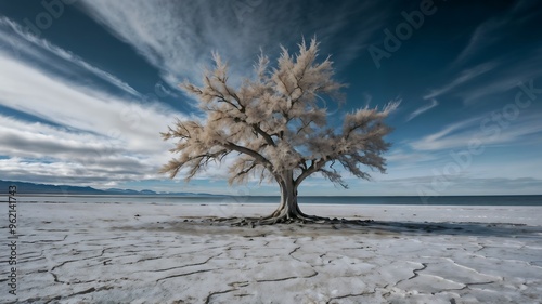 A Tree with dry braches in middle of a Deserted Land with a Blue Sky.