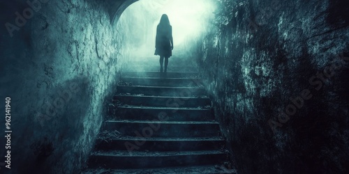 A Ghostly Figure Ascending a Fog-Filled Stairway