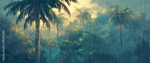 Landscape with palm trees. Styled like an anime or game background. Blue sky, sunset, sunrise, night, fog, snow, rain, cloudiness, autumn leaves, etc. photo