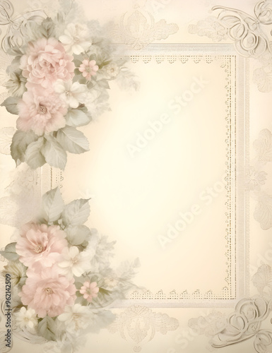 A vintage-inspired floral frame with soft roses and intricate lace details, perfect for invitations or elegant designs.

