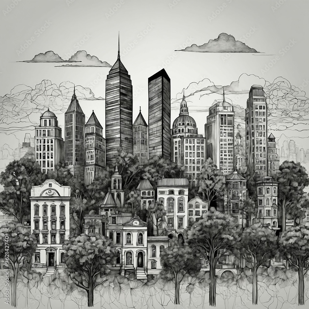 Fototapeta premium Black and white cityscape illustration with trees