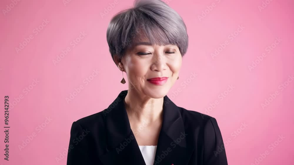 Smiley middle aged grey haired Asian woman with a short grey hair on pink background. A symbol of empowerment, she showcases the beauty of balancing style and ambition in the business world. Smiley middle aged grey haired Asian woman with a short grey hair on pink background. A symbol of empowerment, she showcases the beauty of balancing style and ambition in the business world.