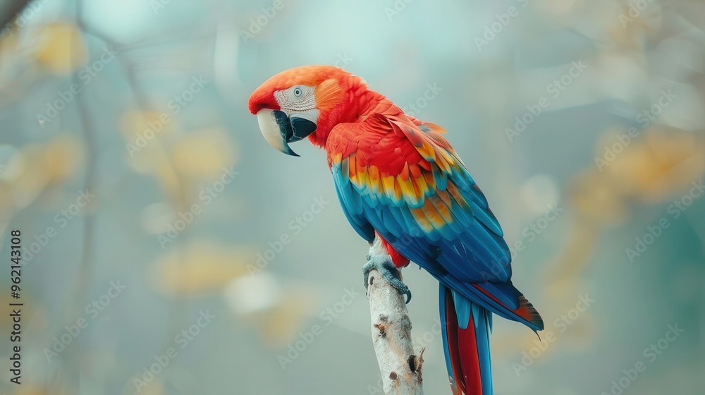 Obraz premium vibrant scarlet macaw perched on a minimalist white branch its feathers a symphony of red blue and yellow