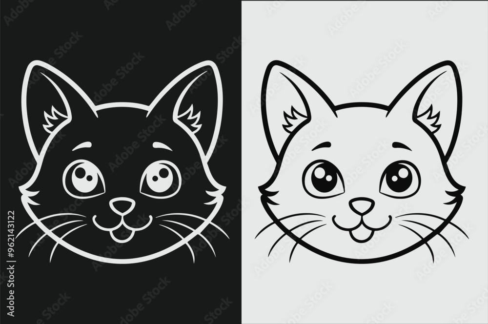 Fototapeta premium Black line art of a cat face for kids coloring drawing book in white background