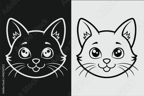 Black line art of a cat face for kids coloring drawing book in white background