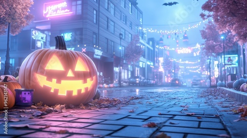 A vibrant Halloween scene featuring a glowing Jack-o'-lantern on a cobblestone street, illuminated by colorful decorations and autumn leaves.