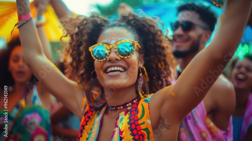 vibrant scene of diverse friends dancing exuberantly at a summer music festival colorful outfits dynamic lighting and a lively atmosphere capture the essence of celebration and unity photo