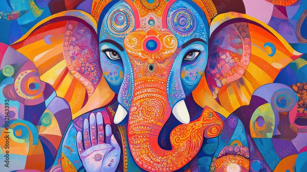 Obraz premium Ganesha in contemporary pop art, with vibrant colors, bold outlines, and modern twists on traditional Ganesha imagery, bringing the deity into a fun, contemporary context