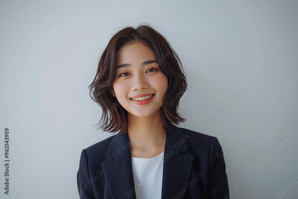 short hair asian woman wearing navy suit jacket and and white t-shirt, smiling dressed in professional attire and looks happy, solid clean white background short hair asian woman wearing navy suit jacket and and white t-shirt, smiling dressed in professional attire and looks happy, solid clean white background