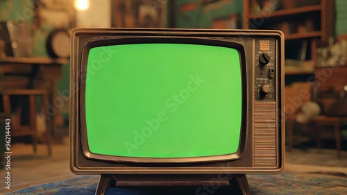 Retro vintage TV with green screen or chroma key background photo