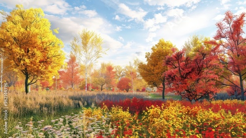 vibrant autumn trees landscape with laburnum sumac and oak digital 3d render for architectural plans photo