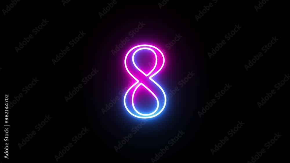 Glowing neon numeric number 8 animation. Purple and blue neon font alphanumeric Glowing neon numeric number 8 animation. Purple and blue neon font alphanumeric