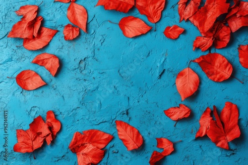 Vivid red autumn leaves scattered on textured blue background