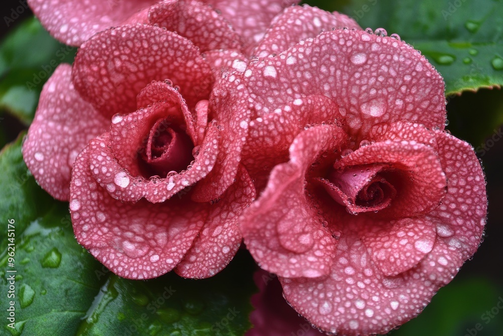Dew-kissed pink roses in full bloom with vibrant petals Dew-kissed pink roses in full bloom with vibrant petals