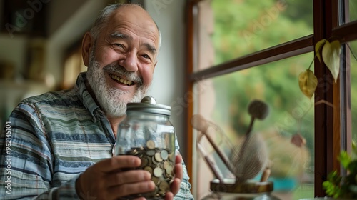 Elderly man smiling and holding a savings jar, symbolizing financial planning for retirement.