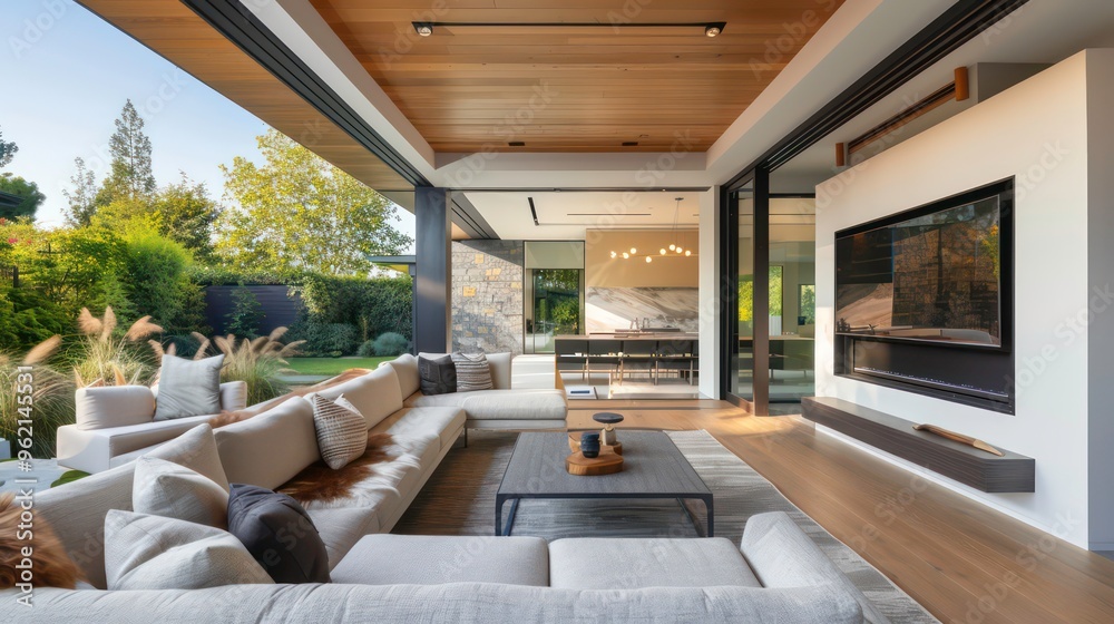 Modern living room with large sectional sofa and fireplace. Modern living room with large sectional sofa and fireplace.