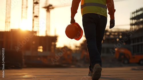 Construction worker walking away from a construction site at sunset