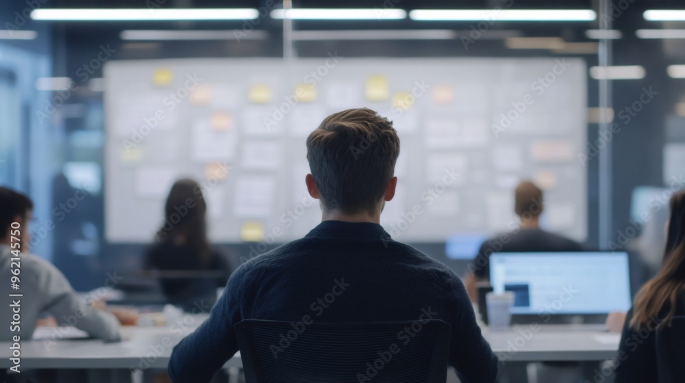 Man sitting in a meeting looking at a whiteboard with sticky notes. Man sitting in a meeting looking at a whiteboard with sticky notes.
