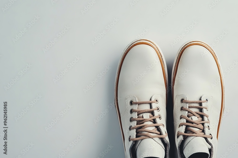 Pair of white sneakers with brown soles on plain background Pair of white sneakers with brown soles on plain background