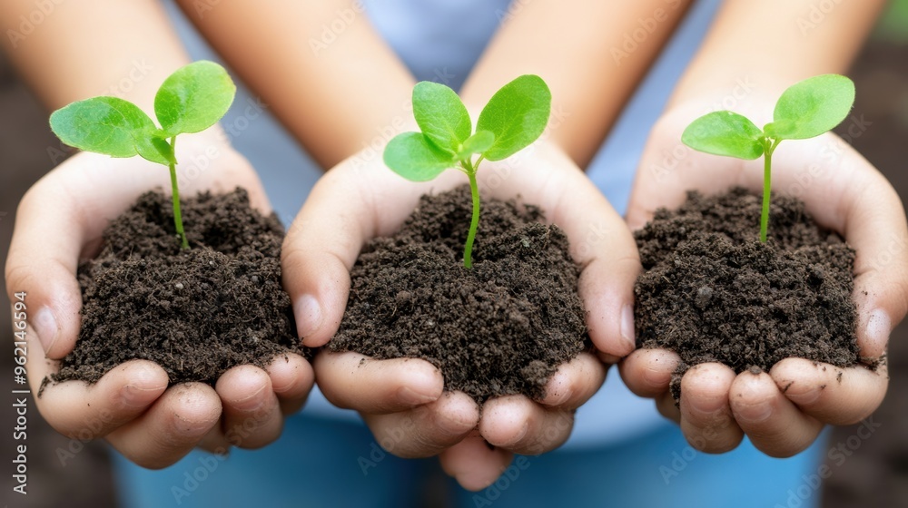 Three people holding soil and plants in their hands, AI Three people holding soil and plants in their hands, AI