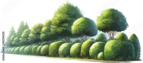 Tree and hedge line, watercolor effect, vector, generative ai