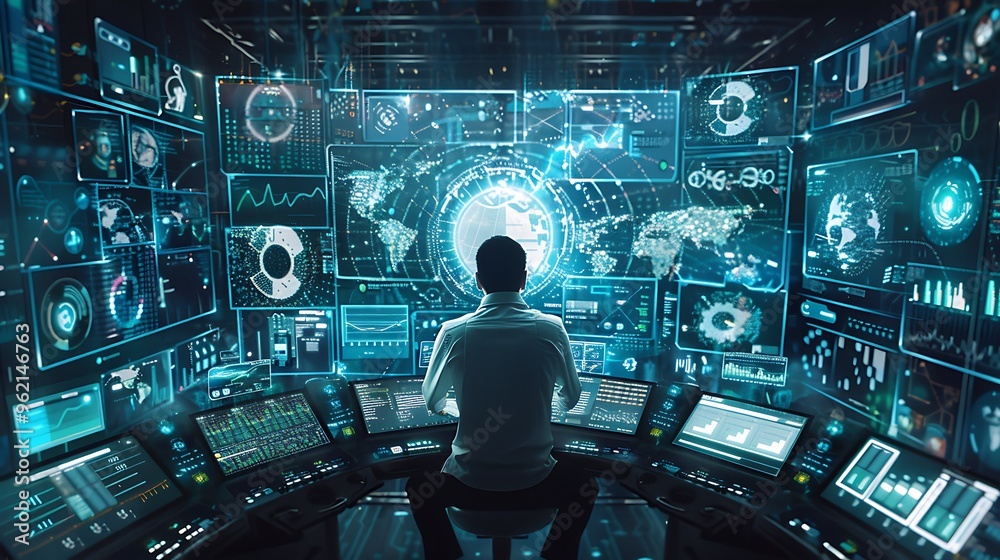 Programmer surrounded by holographic data screens, analyzing big data sets. Programmer surrounded by holographic data screens, analyzing big data sets.