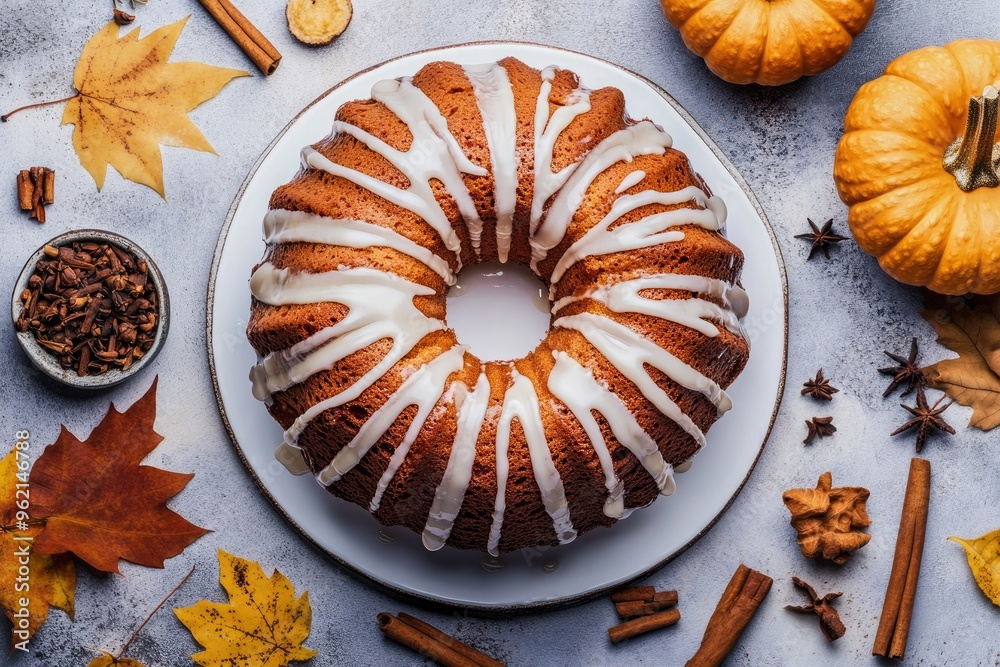 A pumpkin spice bundt cake drizzled with cream cheese glaze, surrounded by autumn leaves and spices A pumpkin spice bundt cake drizzled with cream cheese glaze, surrounded by autumn leaves and spices