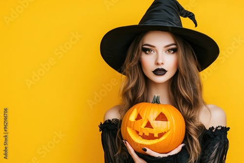 Portrait of woman at Halloween party as dead witch with funny and silly expression on her face. Young woman with bloody make-up holds glowing pumpkin covered with spider webs on orange background