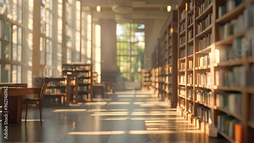 Sunlit library with tall shelves and study tables in soft focus, ideal for educational video backgrounds and slow motion scenes