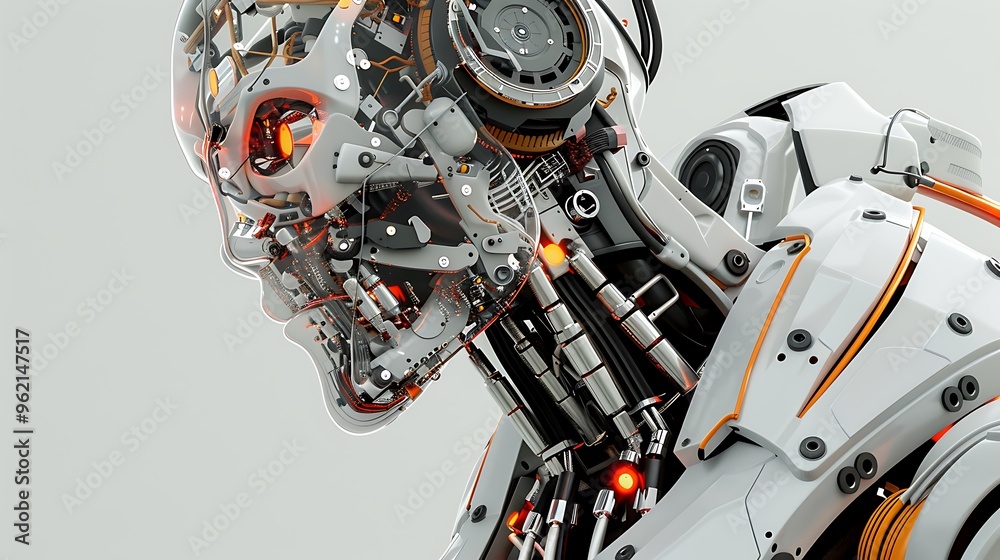 Fototapeta premium Robot body stands in front of a screen filled with complex algorithms and data charts.