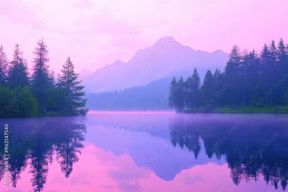 Fototapeta premium Serene mountain lake at dawn with misty