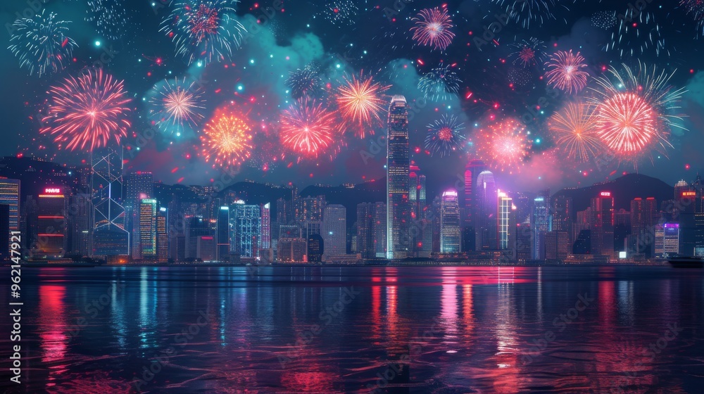 Naklejka premium A breathtaking view of a city skyline lit up by vibrant fireworks, reflecting beautifully on the water below. The scene captures the excitement and energy of a festive night in the city.
