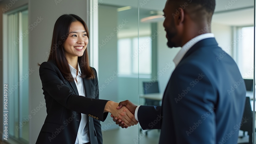Corporate Diversity East Asian Businesswoman and Black Businessman Shaking Hands in Executive Office Corporate Diversity East Asian Businesswoman and Black Businessman Shaking Hands in Executive Office