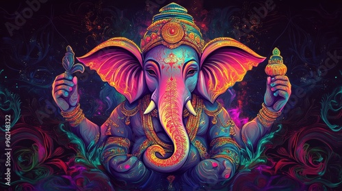 A vibrant digital Ganesha illustration, combining traditional motifs with modern digital art techniques, bringing the deity to life in a contemporary way