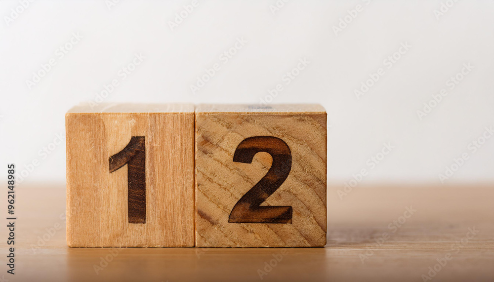Wooden cube with number 12 on wooden table, white wall on background. Event planner, calendar Wooden cube with number 12 on wooden table, white wall on background. Event planner, calendar