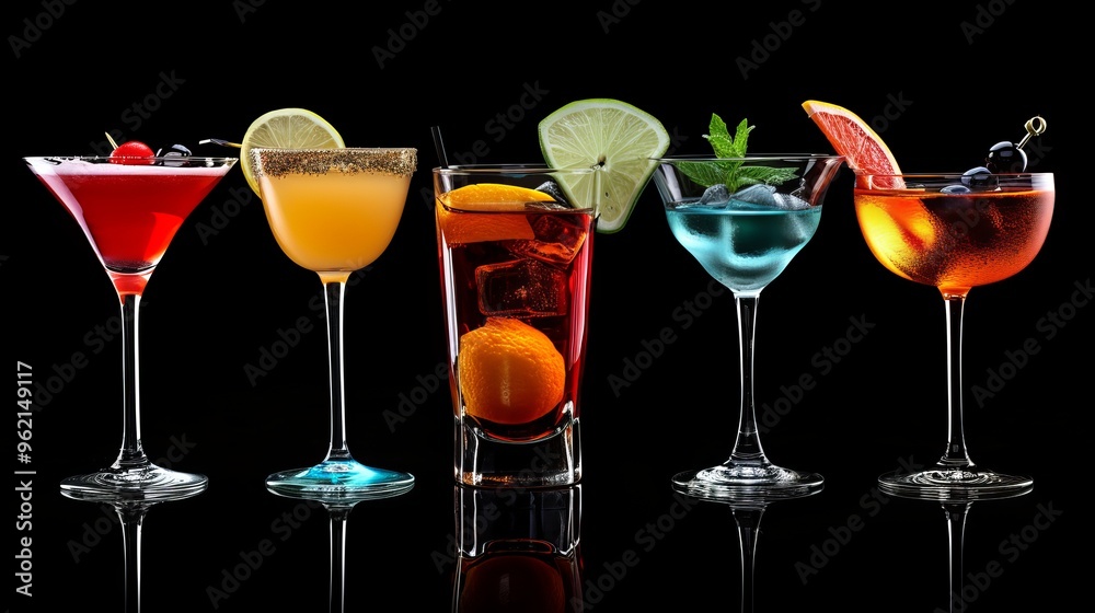A stunning lineup of vibrant cocktails displayed in elegant glassware, set against a sleek black background. The colorful drinks, with garnishes of fruit and herbs, exude sophistication and invite A stunning lineup of vibrant cocktails displayed in elegant glassware, set against a sleek black background. The colorful drinks, with garnishes of fruit and herbs, exude sophistication and invite