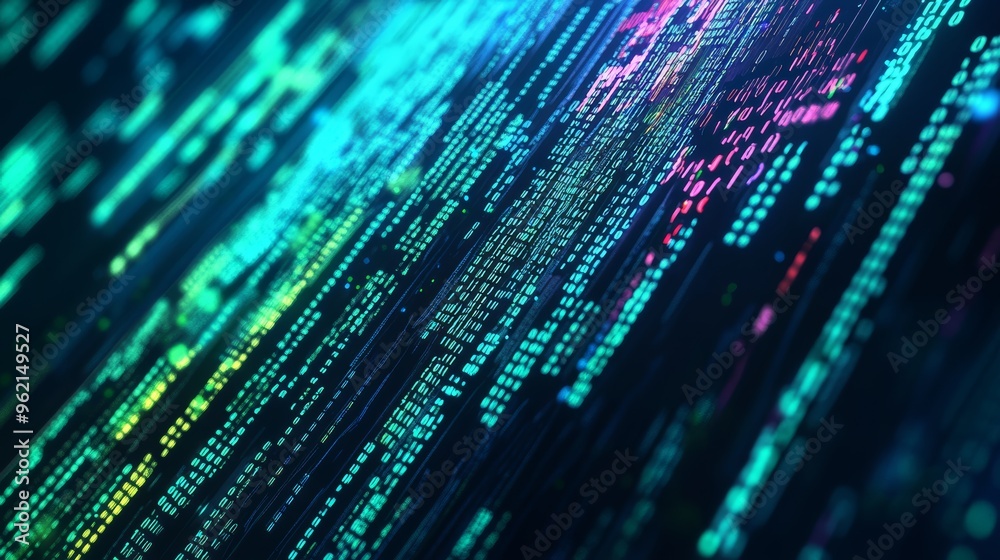 Streams of digital data and code flowing across a bright, futuristic landscape. Concept for tech innovation.