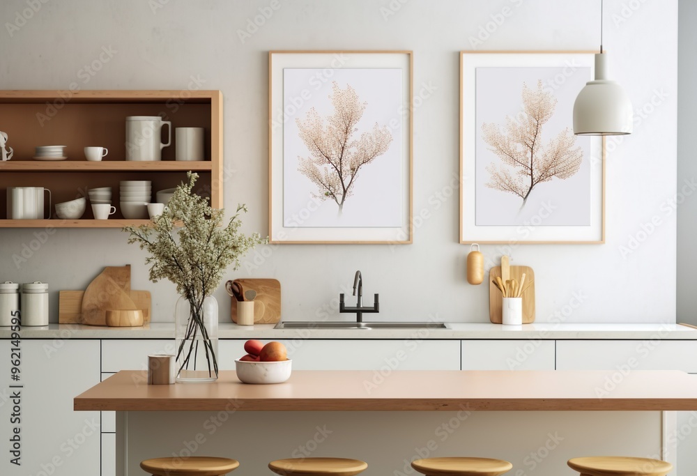 Fototapeta premium Kitchen scene with a framed mockup on the wall, highlighting sleek countertops and contemporary decor
