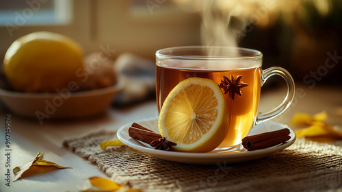 Warm cup of spiced lemon tea on a rustic table with cinnamon sticks and lemon slices photo