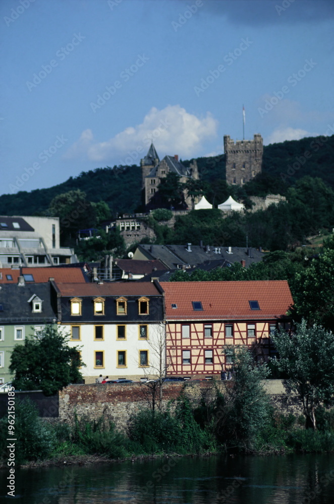 Fototapeta premium View of castle Klopp along the Rhine river in Bingen, Rhineland-Palatinate, Germany during 2000s