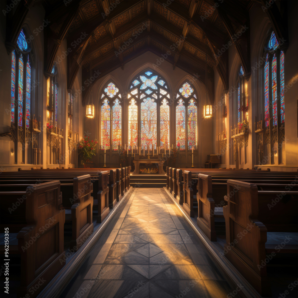 Fototapeta premium Sunlight Bathes the Sanctuary: A ray of light illuminates the aisle of a majestic church, leading towards a stained glass window that fills the space with a vibrant and ethereal glow. 