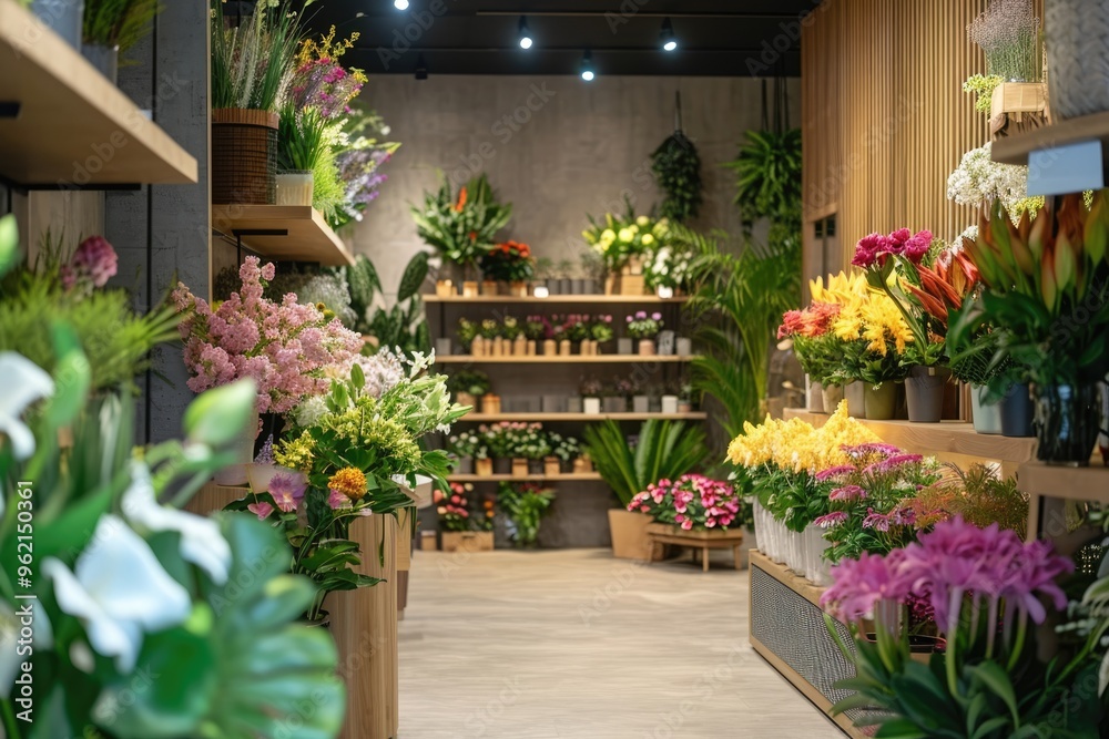 Warm sunlight bathes a cozy floral boutique interior, showcasing a variety of fresh flowers and plants on wooden shelves and displays.. Warm sunlight bathes a cozy floral boutique interior, showcasing a variety of fresh flowers and plants on wooden shelves and displays..