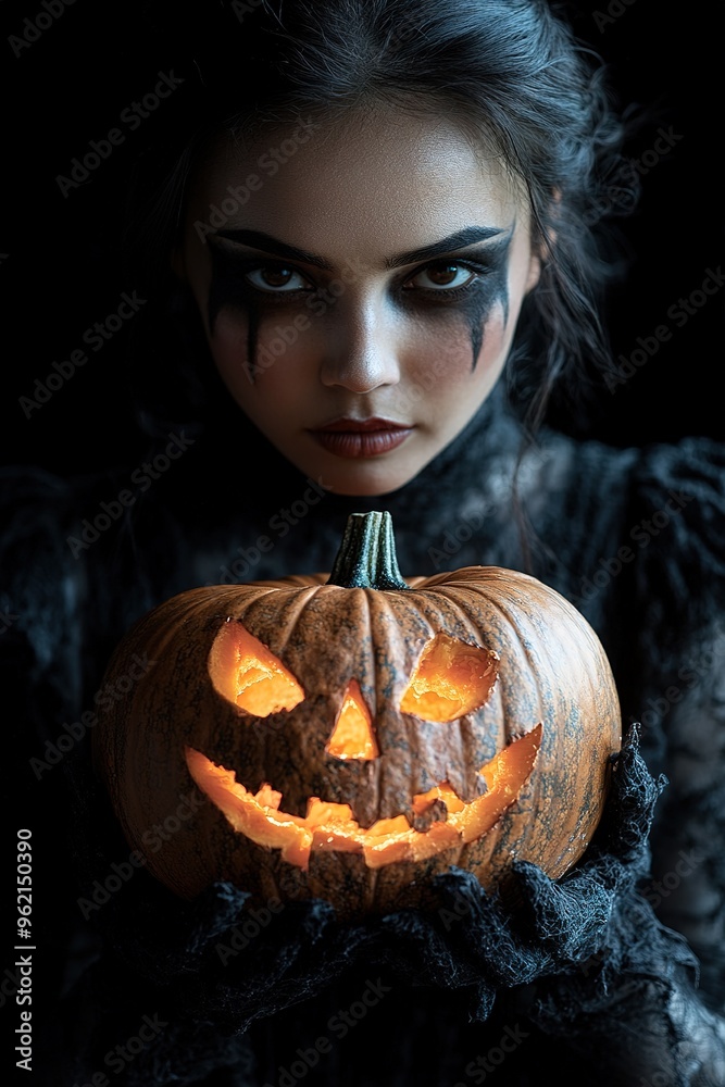 Sexy brunette woman in Halloween makeup and lingerie holds a pumpkin on black background. Halloween concept Sexy brunette woman in Halloween makeup and lingerie holds a pumpkin on black background. Halloween concept
