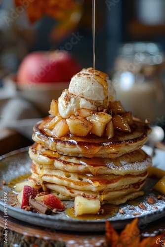 Delicious Apple Cinnamon Pancakes with Syrup and Ice Cream