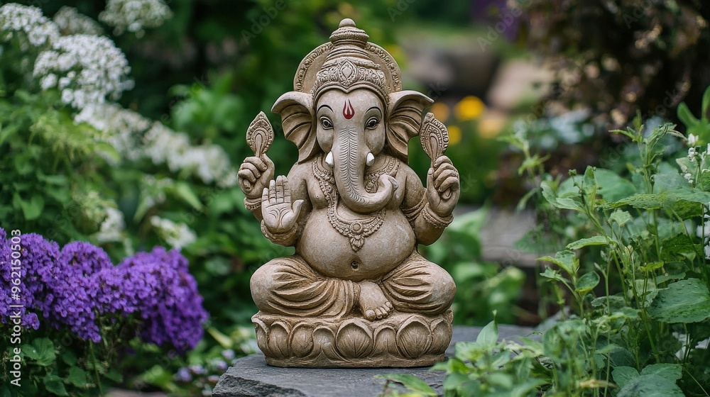 Obraz premium A Ganesha mandala art piece, with intricate circular patterns radiating from the deity, combining spirituality and symmetry in a meditative design