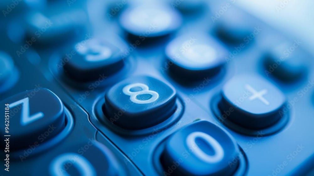 A close-up of a calculator keypad reveals its buttons in soft blue tones, focusing on the number 8. The image captures the tactile texture of the keys, ideal for financial, educational, or technology A close-up of a calculator keypad reveals its buttons in soft blue tones, focusing on the number 8. The image captures the tactile texture of the keys, ideal for financial, educational, or technology