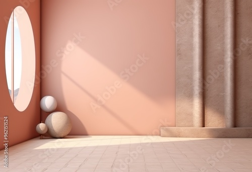 Modern  geometric arch and stairs in trendy minimal interior with abstract pastel composition.