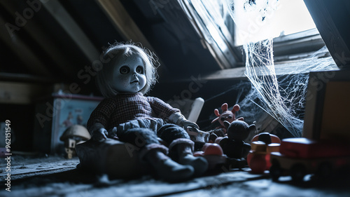 A chilling Halloween display featuring an old, eerie doll sitting on a pile of broken toys, surrounded by dark shadows and spiderwebs in an abandoned attic. Ai generated