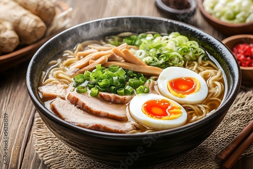 Japanese Ramen Bowl on Wooden Table