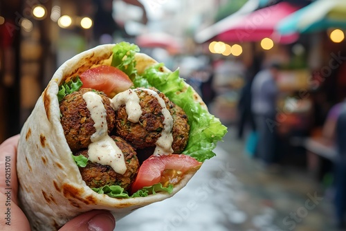 Middle Eastern Falafel Wrap on Busy Street Istanbul, street food, middle east, turkey, bazaar